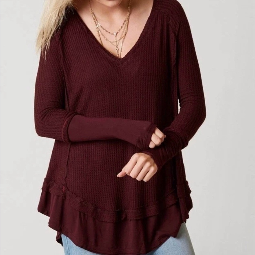 Free People We The Free Waffle Knit Tunic Women’s Med Burgundy Oversized FLAW